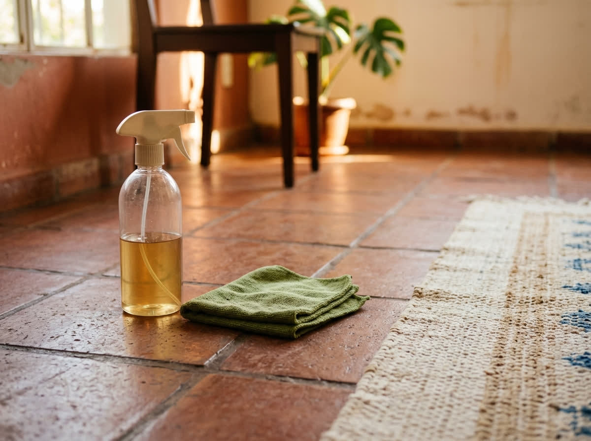 Frasco de limpador e pano no piso ao lado do tapete da sala