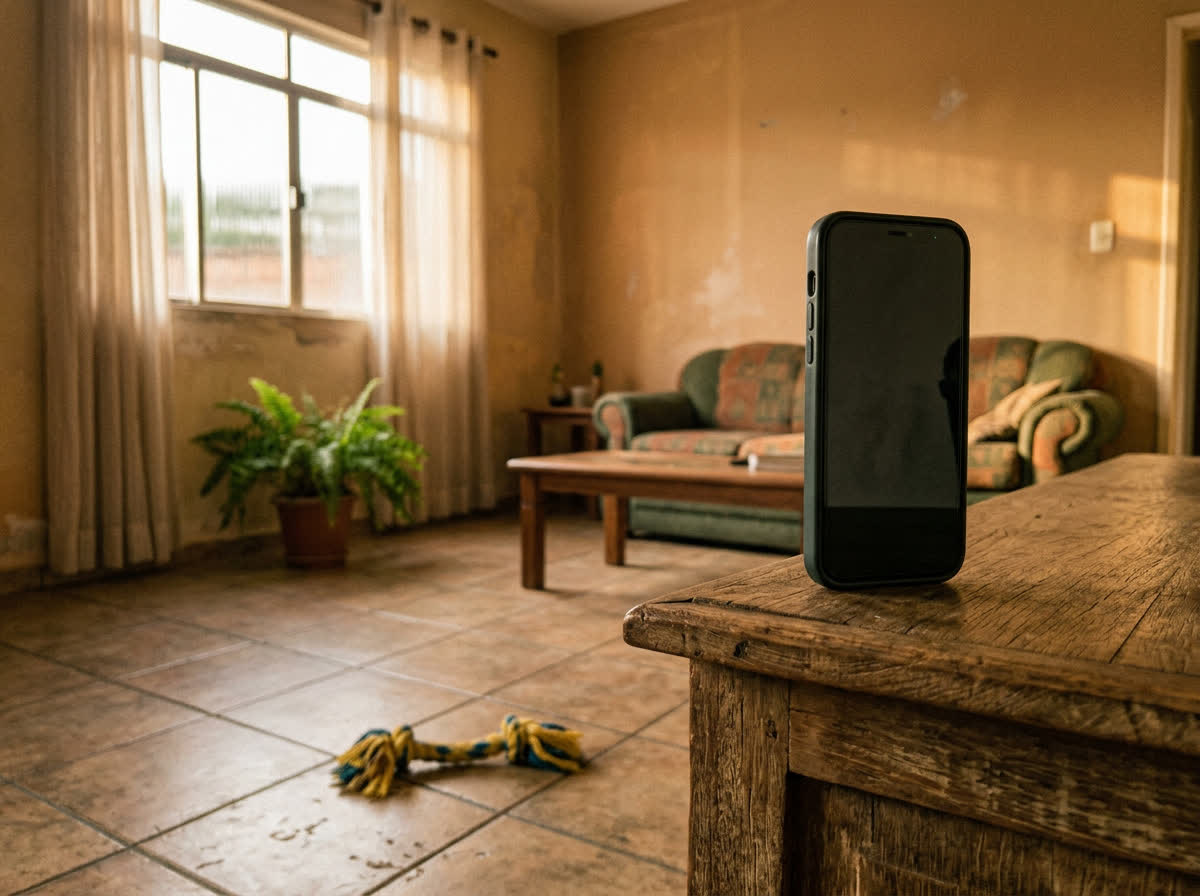 Celular apoiado gravando a sala vazia, com brinquedo do cão no chão