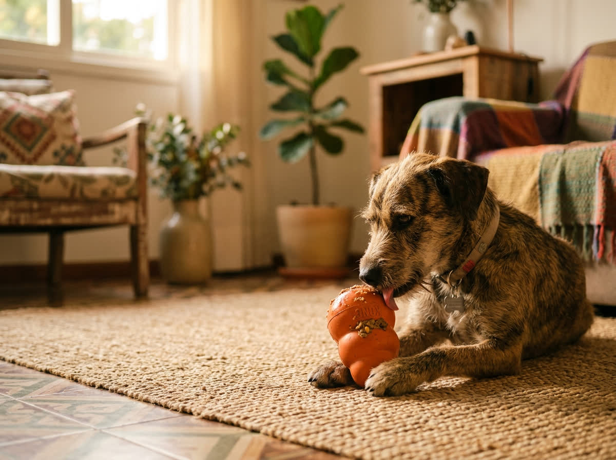 Cão lambendo um brinquedo recheado sobre o tapete da sala