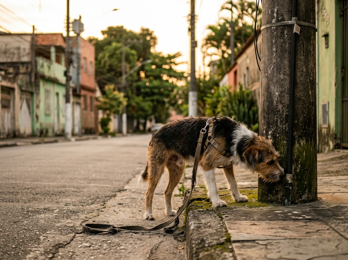 Cão farejando a base de um poste com a guia frouxa