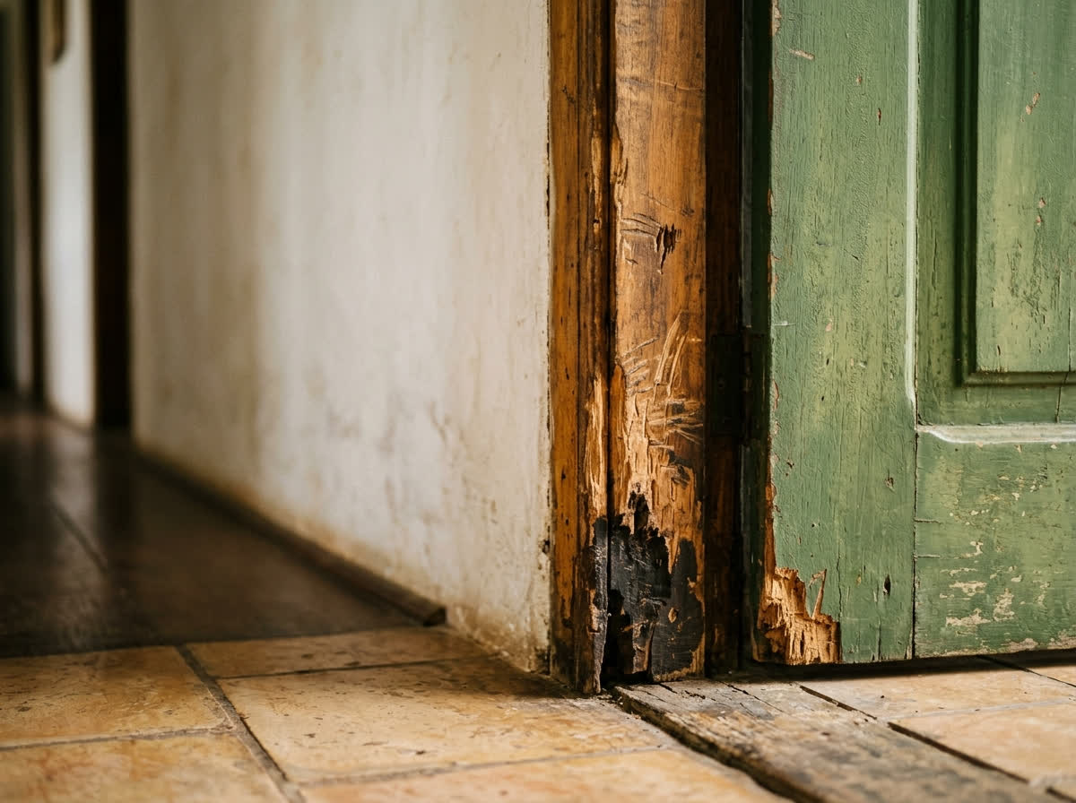 Batente de porta de madeira com marcas de mordida