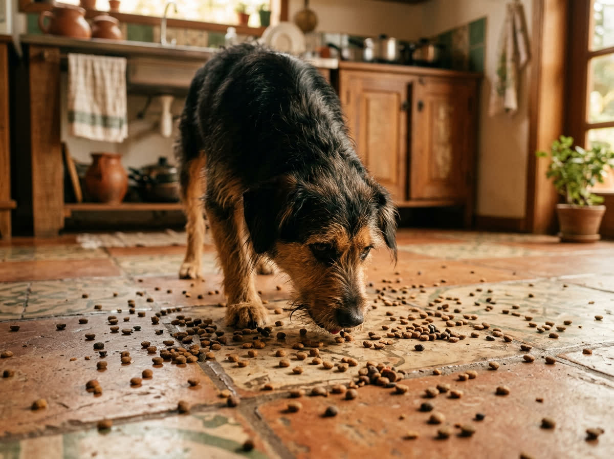 Cão farejando ração espalhada pelo chão da cozinha