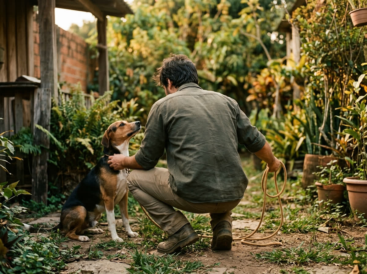 Profissional agachado de costas trabalhando com um cão de guia frouxa num quintal