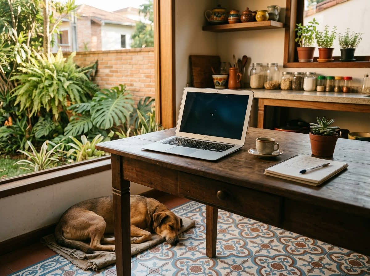 Notebook aberto sobre mesa de madeira com o cão deitado tranquilo no chão ao lado