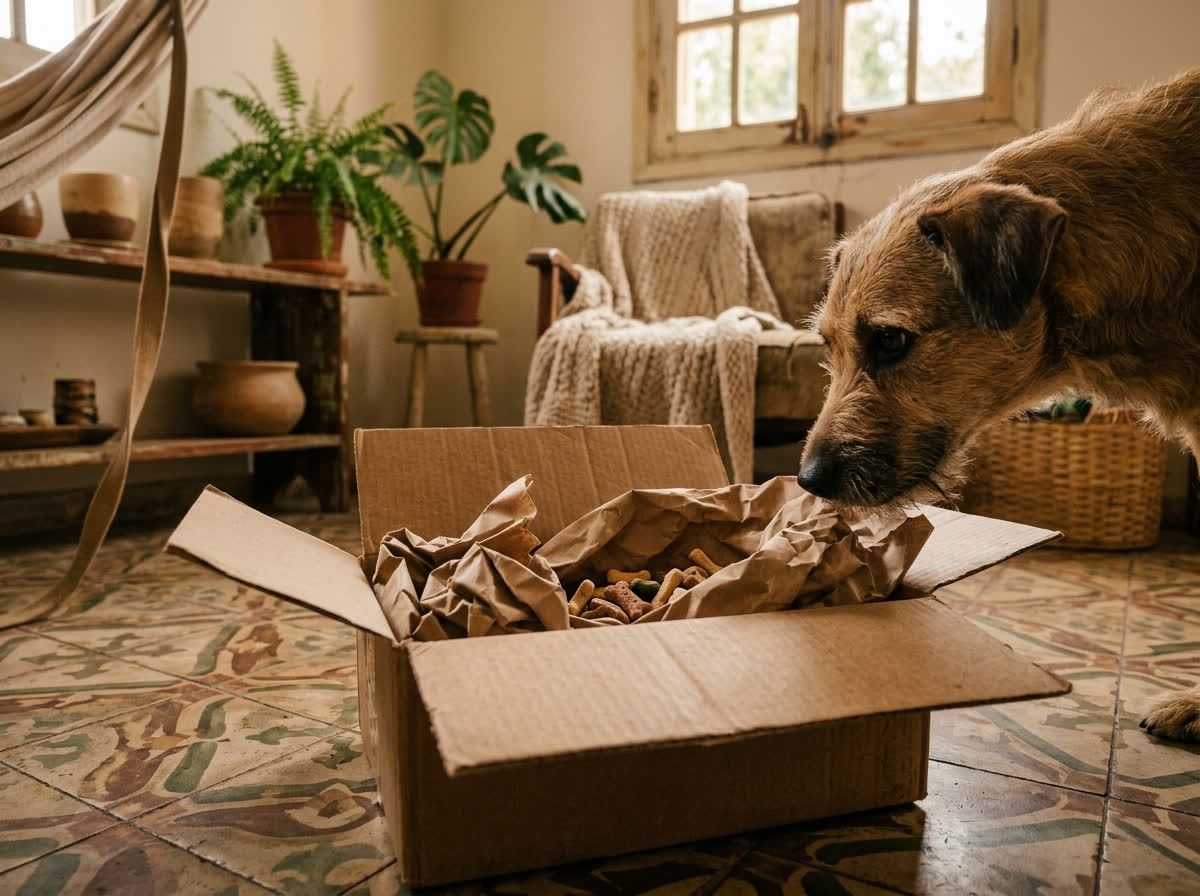 Caixa de papelão com papel amassado e petiscos escondidos, com o cão espiando