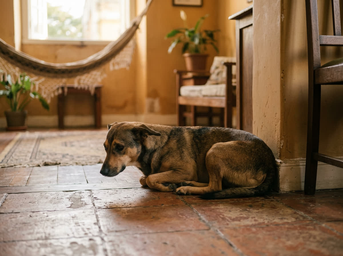 Cão deitado em postura baixa e retraída, orelhas para trás, desviando o olhar