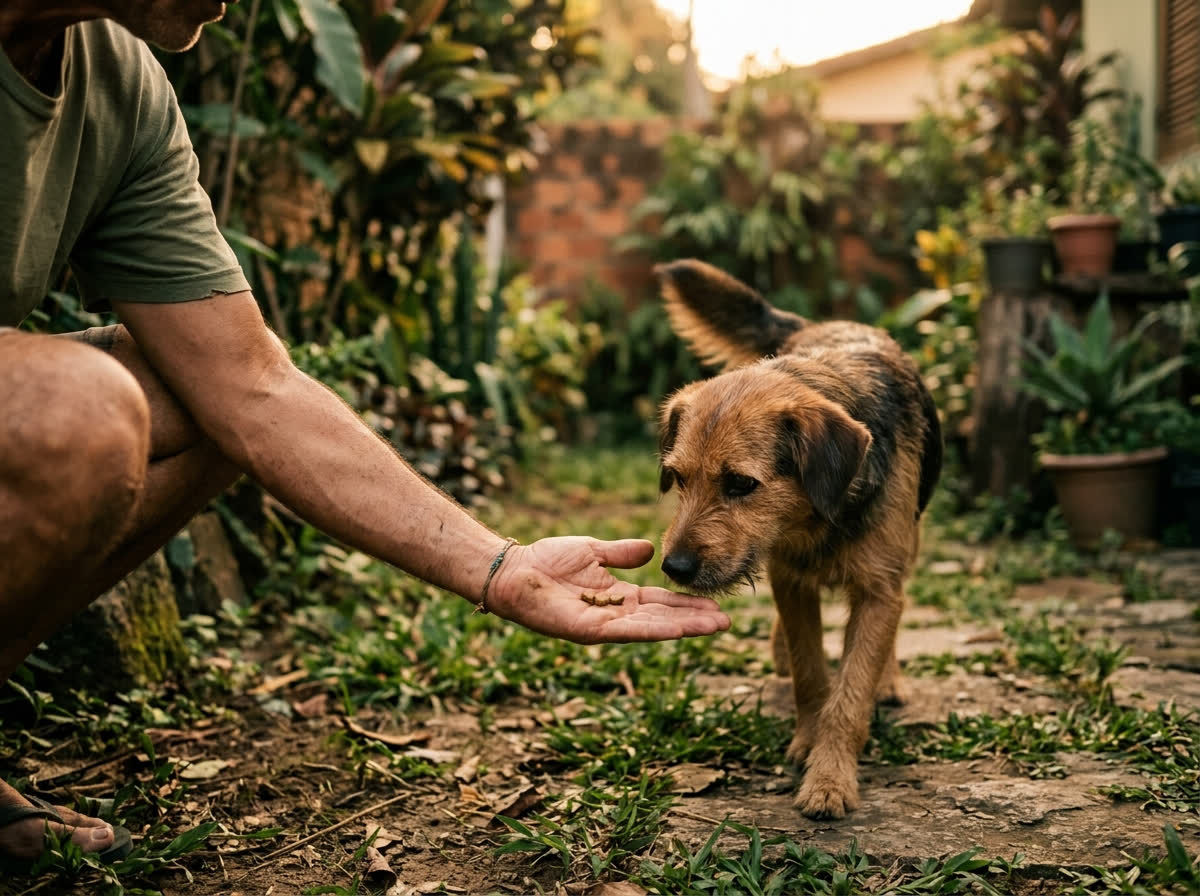 Mão aberta oferecendo um petisco a um cão que se aproxima relaxado no quintal