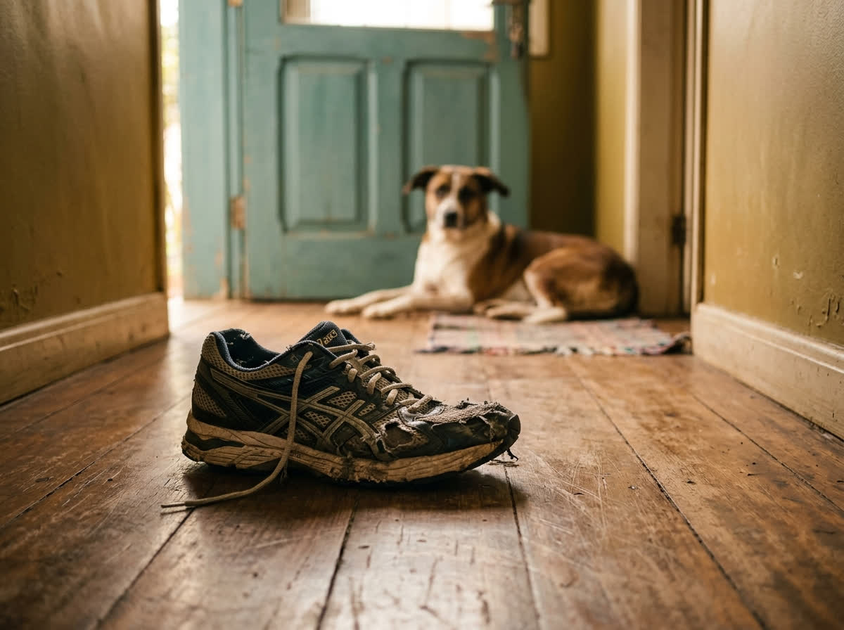 Tênis mordido no chão do corredor, com o cão deitado ao fundo junto à porta
