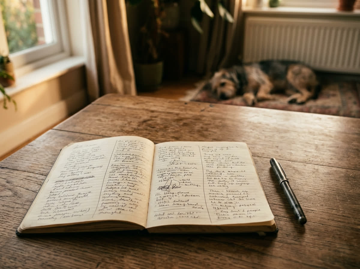 Caderno aberto sobre a mesa com anotações em três colunas e o cão deitado ao fundo