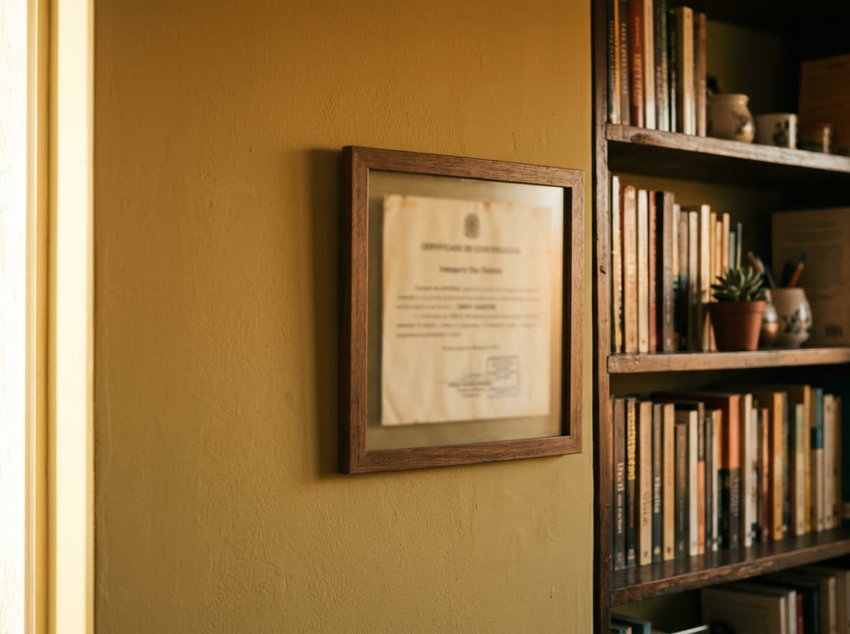 Certificado emoldurado pendurado na parede ao lado de uma estante de livros