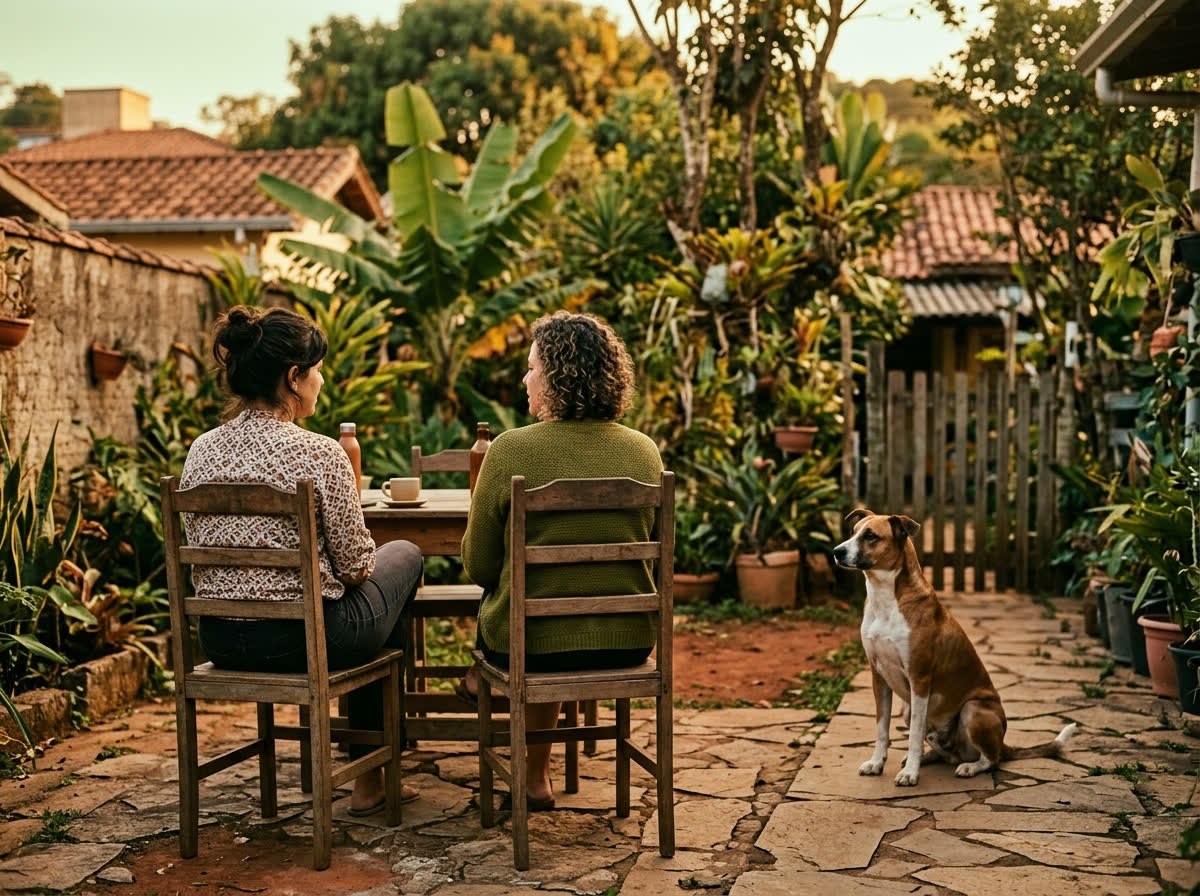 Duas pessoas conversando no quintal enquanto o cão espera sentado