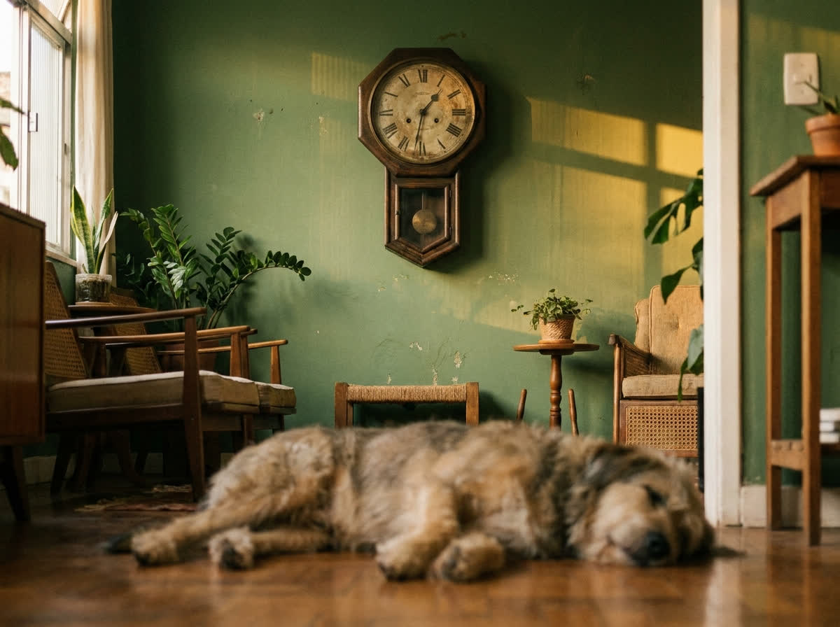 Relógio de parede antigo com o cão deitado tranquilo logo abaixo