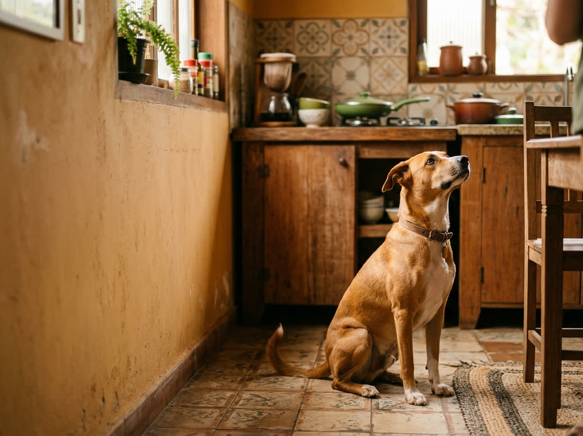 Cão sentado atento olhando para cima na cozinha