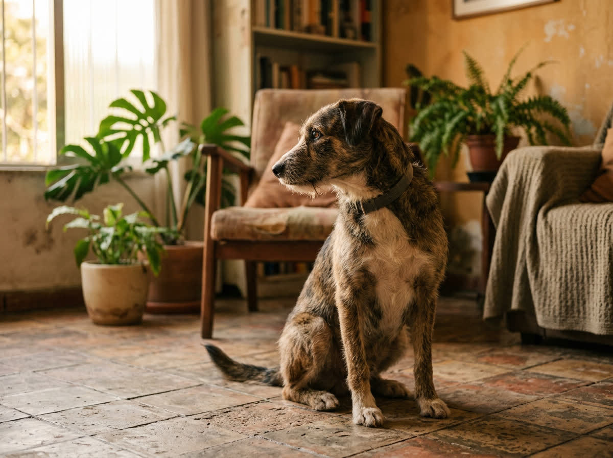 Cão virando a cabeça para o lado e desviando o olhar, sentado na sala