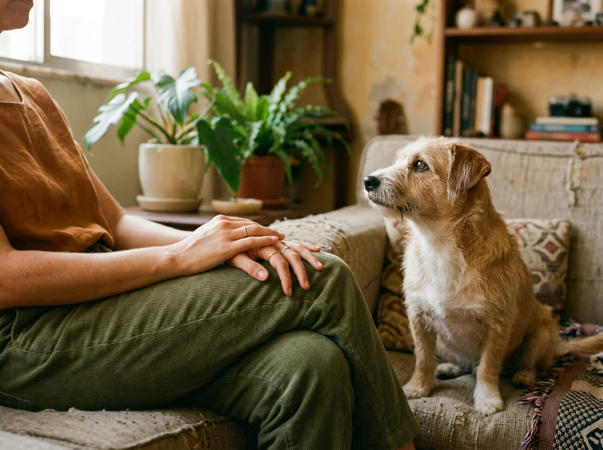 Mão recolhida no colo enquanto o cão sentado observa, no sofá