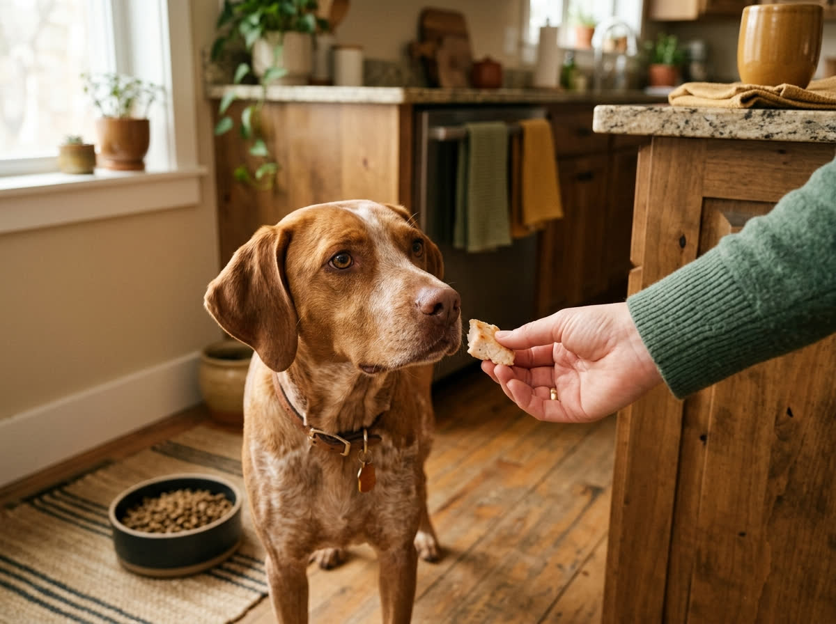 Mão oferecendo petisco de valor alto para o cão perto do pote