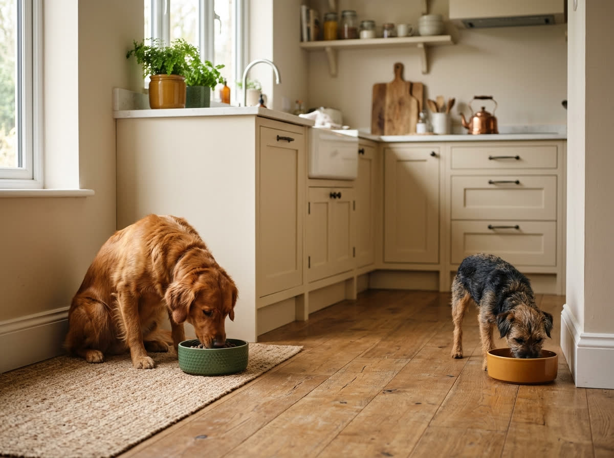 Dois cães comendo em potes separados, a uma boa distância