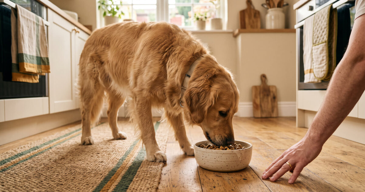 Cão comendo calmamente da tigela enquanto a mão do tutor fica por perto