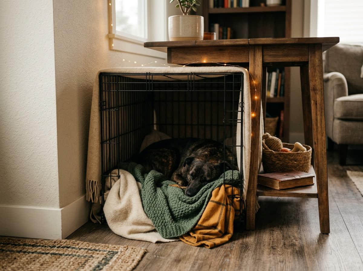 Cantinho aconchegante com cobertas, esconderijo seguro para o cão