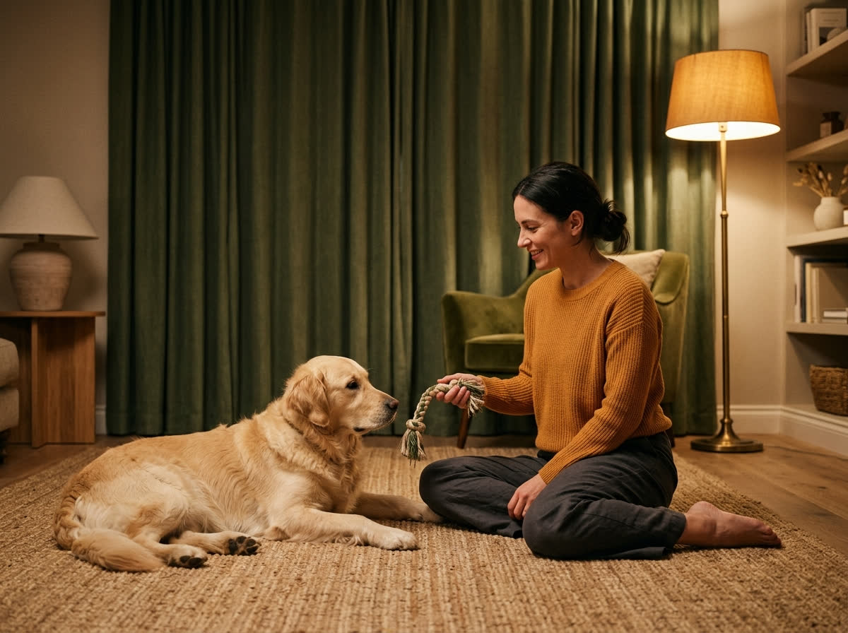 Tutora oferecendo brinquedo de mastigar ao cão, ambiente calmo