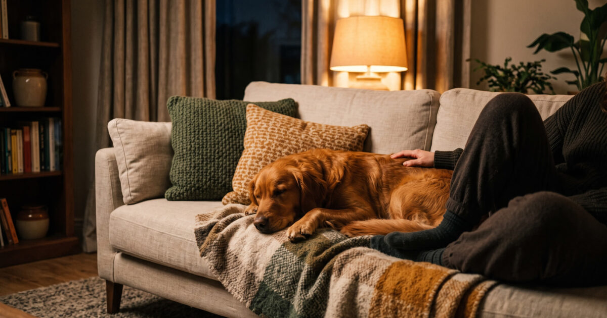 Cão dormindo tranquilo ao lado do tutor no sofá, à noite